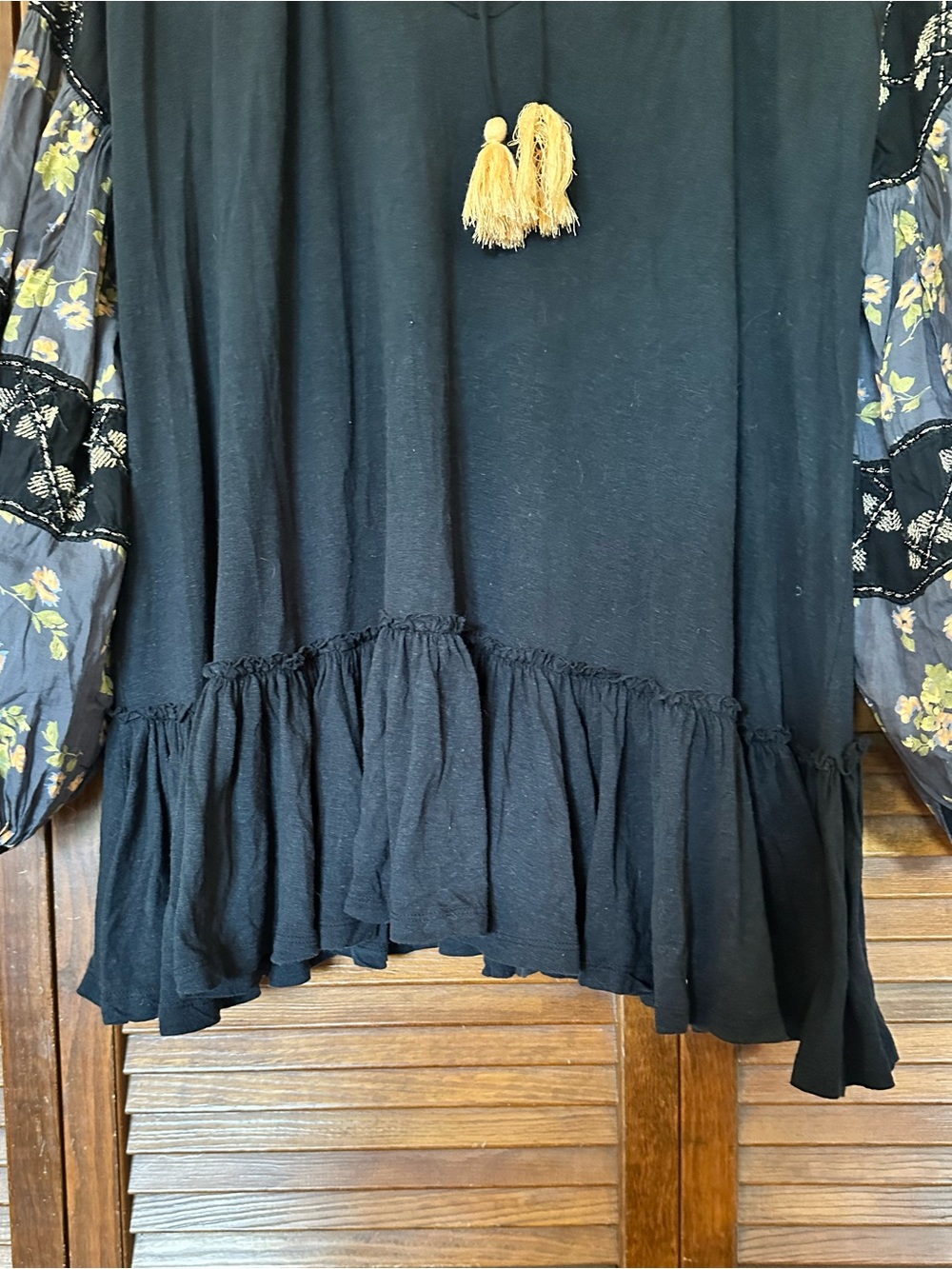 Free People Mix it Up Black Mini Tunic Dress with Floral Balloon Sleeves - Picture 9 of 14